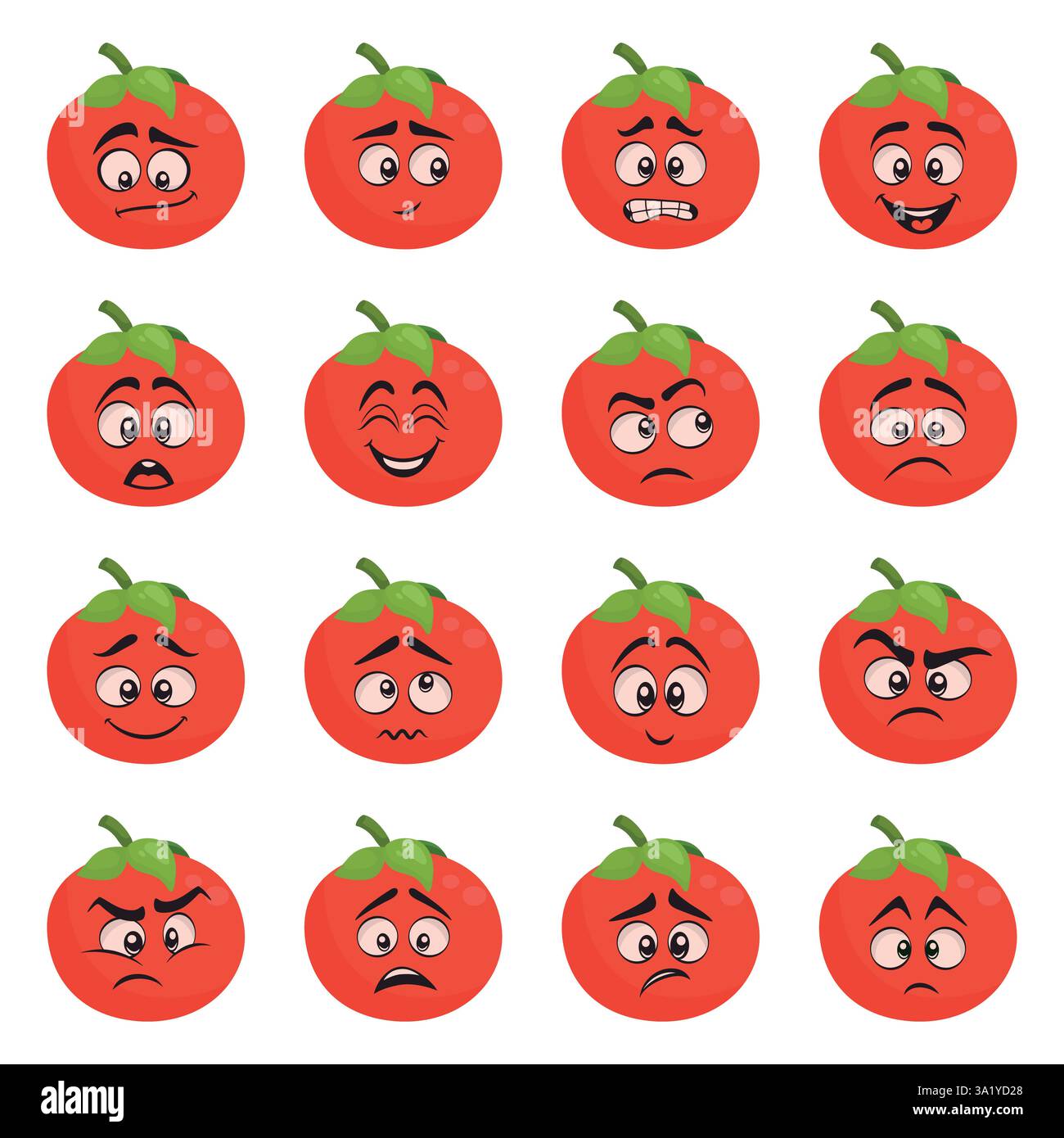 Jeu d'expressions de visage de tomate vectorielle. Personnages de tomate de dessin animé, émotions différentes. Cute faces Collection, humeur drôle. Heureux, en colère, triste, surpris Illustration de Vecteur