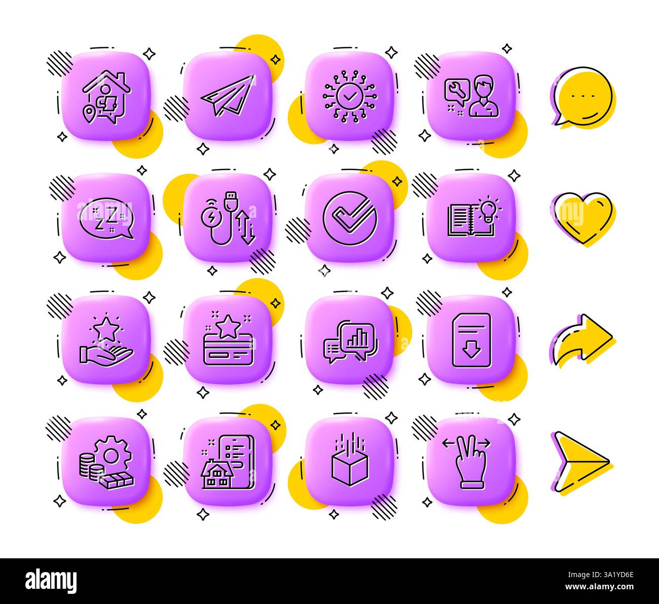 Connaissance du produit, câble de chargement et icônes de ligne de carte de fidélité. Pour l'application Web, impression. Icônes des boutons 3D de l'application. Vecteur Illustration de Vecteur