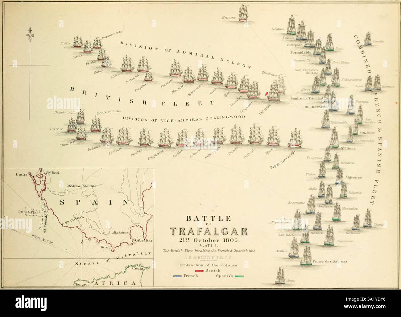 La bataille de Trafalgar est un engagement naval majeur au large des côtes espagnoles près de Cadix. Le résultat fut une victoire majeure pour la Royal Navy. Il a vu la dustruction des flottes française et espagnole et a assuré la domination navale britannique pour les 100 années suivantes. Cette carte montre le début de l'engagement avec les deux colonnes de navires britanniques coupant la ligne française et espagnole en deux. Banque D'Images