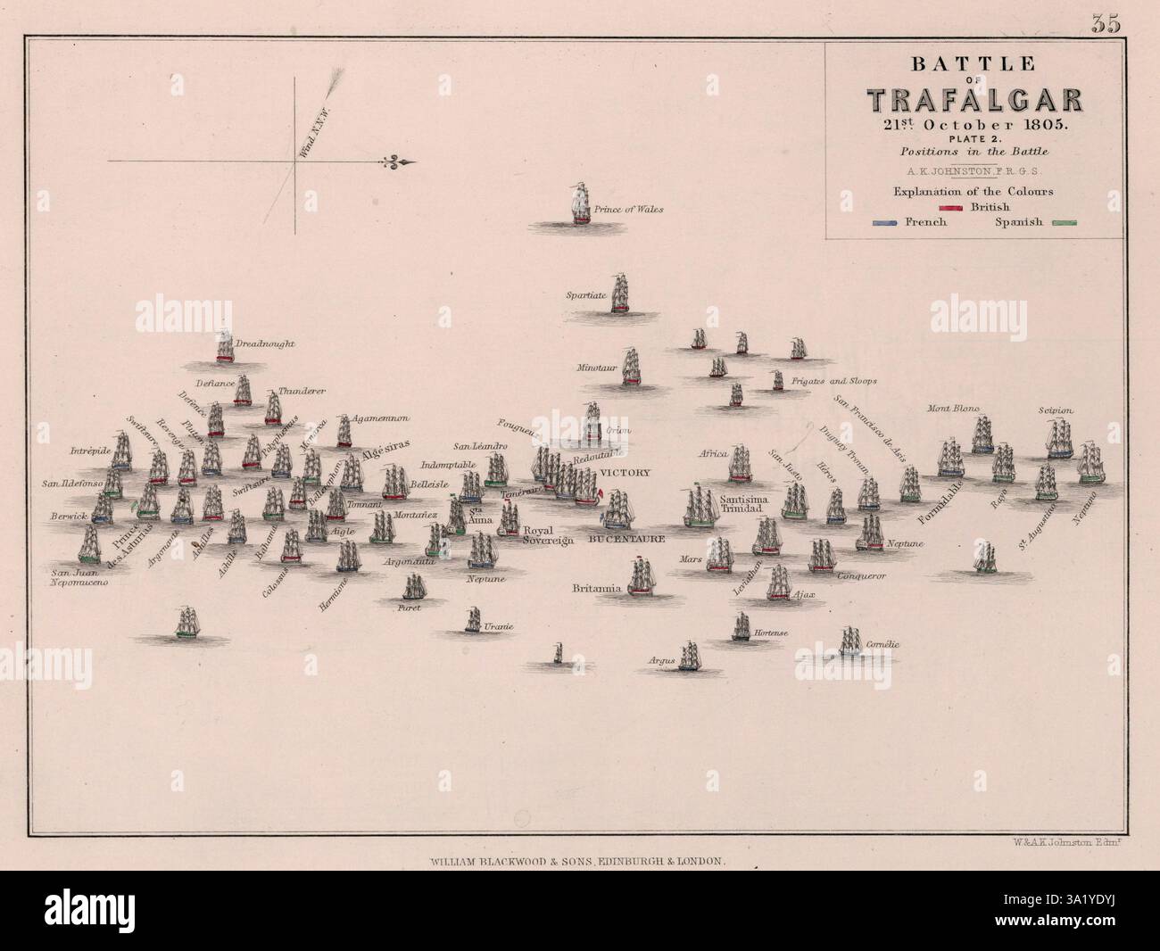 La bataille de Trafalgar est un engagement naval majeur au large des côtes espagnoles près de Cadix. Le résultat fut une victoire majeure pour la Royal Navy. Il a vu la dustruction des flottes française et espagnole et a assuré la domination navale britannique pour les 100 années suivantes. Cette carte montre le milieu de la bataille sans ordre discernable dans les navires. Banque D'Images