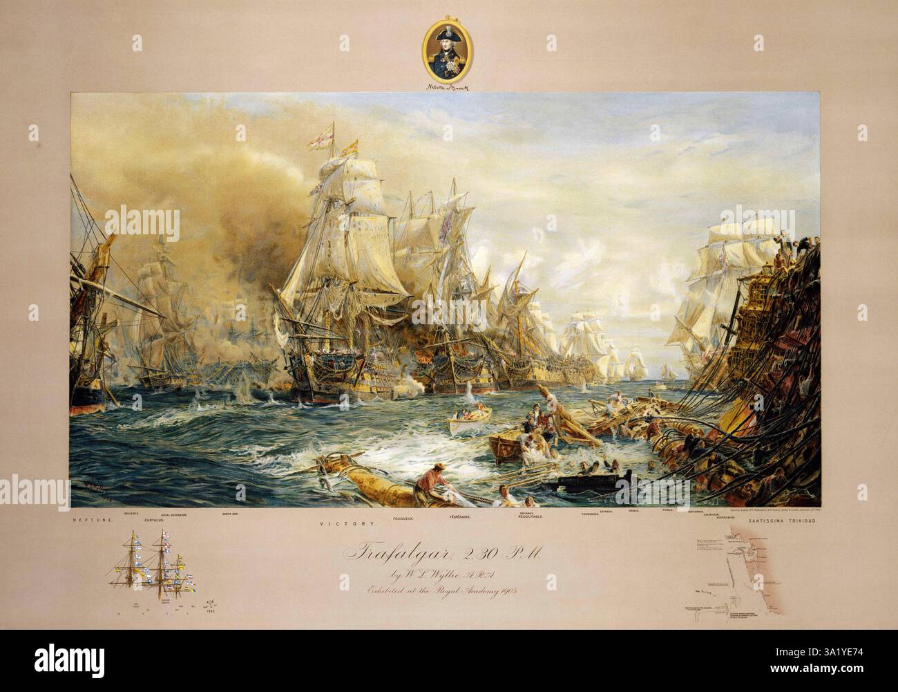 La bataille de Trafalgar est un engagement naval majeur au large des côtes espagnoles près de Cadix. Le résultat fut une victoire majeure pour la Royal Navy. Il a vu la destruction des flottes française et espagnole et a assuré la domination navale britannique pour un avenir prévisible. Cette peinture de William Lionel Wylie montre la scène vers 14h30, à peu près au moment de la mort de Nelson. Banque D'Images