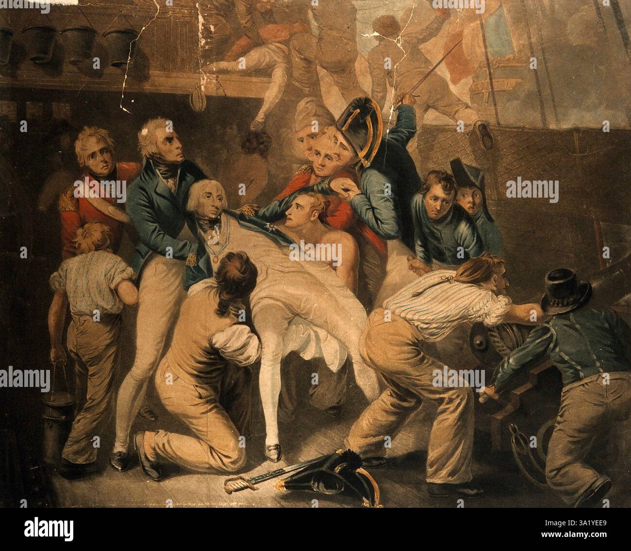 La bataille de Trafalgar est un engagement naval majeur au large des côtes espagnoles près de Cadix. Le résultat fut une victoire majeure pour la Royal Navy. Il a vu la destruction des flottes française et espagnole et a assuré la domination navale britannique pour les 100 années suivantes. L'amiral britannique, Lord Nelson, a été tué dans sa bataille quand il a été abattu par quelqu'un sur le navire français Redoutable. Cette peinture montre le Nelson frappé étant descendu sur le pont. Banque D'Images