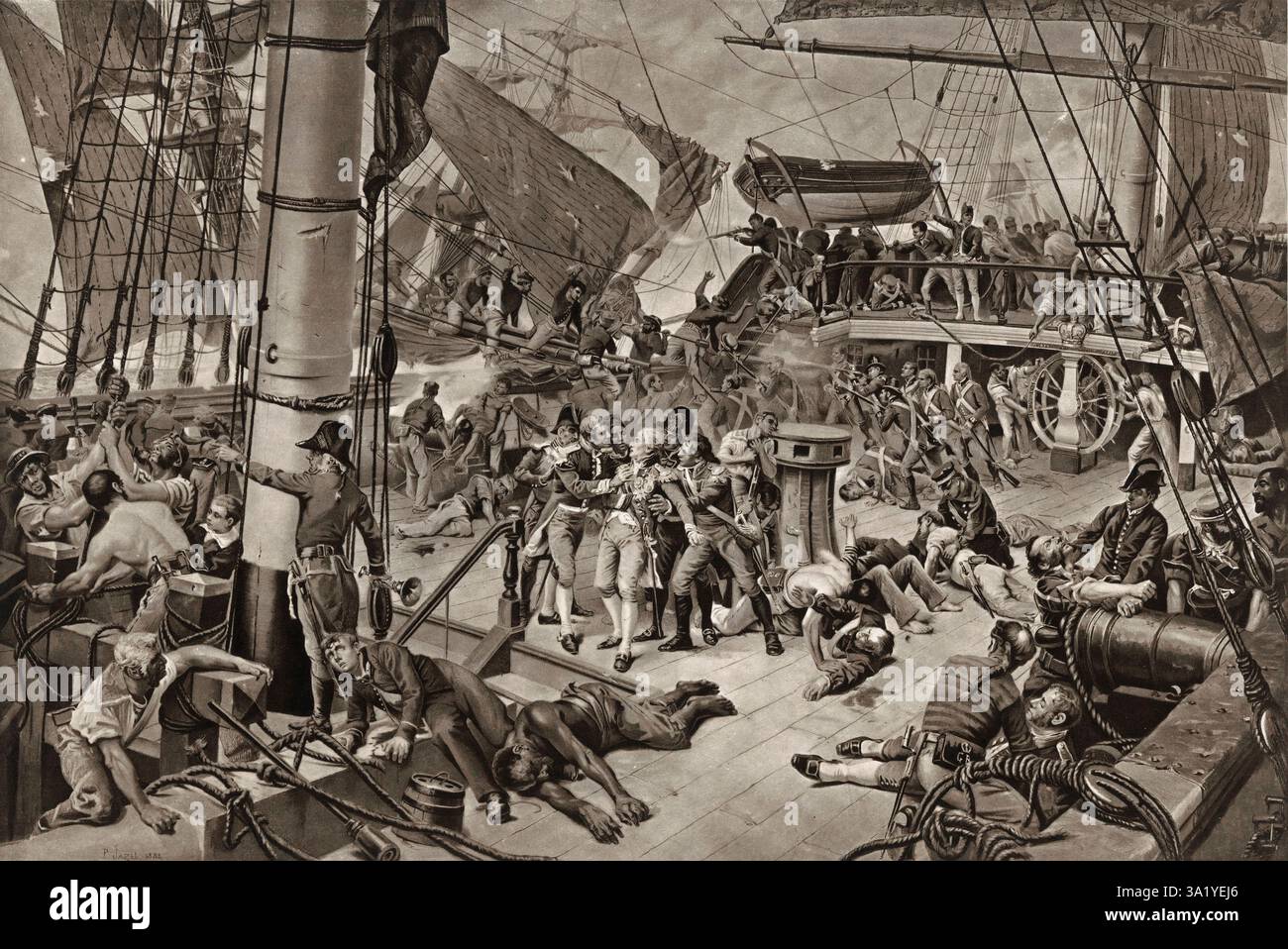 La bataille de Trafalgar est un engagement naval majeur au large des côtes espagnoles près de Cadix. Le résultat fut une victoire majeure pour la Royal Navy. Il a vu la destruction des flottes française et espagnole et a assuré la domination navale britannique pour les 100 années suivantes. L'amiral britannique, Lord Nelson, a été tué dans sa bataille quand il a été abattu par quelqu'un sur le navire français Redoutable. Cette image montre le moment où il a été frappé. Banque D'Images