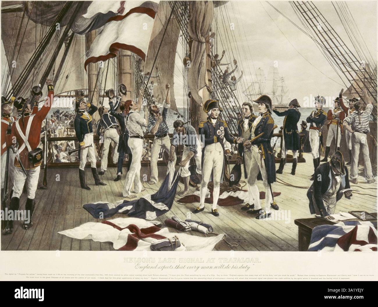 La bataille de Trafalgar est un engagement naval majeur au large des côtes espagnoles près de Cadix. Le résultat fut une victoire majeure pour la Royal Navy. Il a vu la destruction des flottes française et espagnole et a assuré la domination navale britannique pour un avenir prévisible. Cette peinture montre Nelson mettant en place son célèbre signal que l'Angleterre attend que chaque homme accomplisse son devoir. Banque D'Images