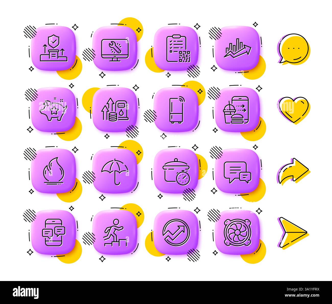 Icônes de vérification, de points de fidélité et de ligne de casserole de bain-marie. Pour l'application Web, impression. Icônes des boutons 3D de l'application. Vecteur Illustration de Vecteur