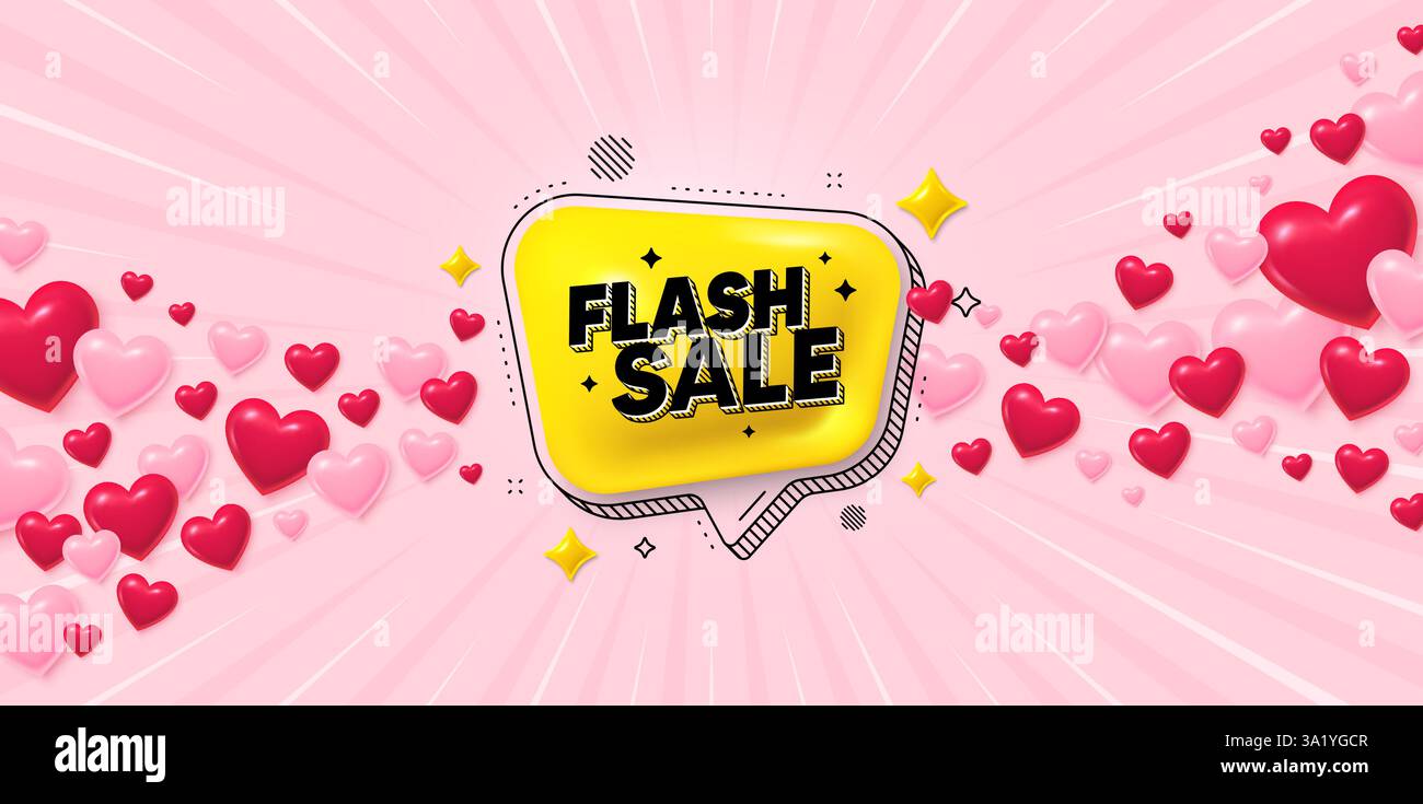 Solde flash bulle 3D. Bannière adhésive à prix réduit. Bannière d'amour avec des coeurs 3D. Vecteur Illustration de Vecteur