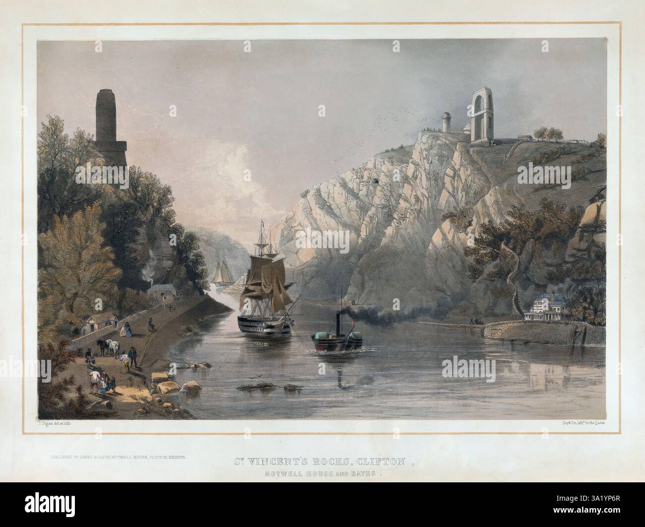 Gravure en couleur d'une impression d'une vue de St ventents Rock Clifton Bristol voilier sur la gorge de la rivière Avon 1846 artiste inconnu perspective historique du XIXe siècle gravure lithographie aquarelle ancienne impression antique publiée par James Bolton Banque D'Images