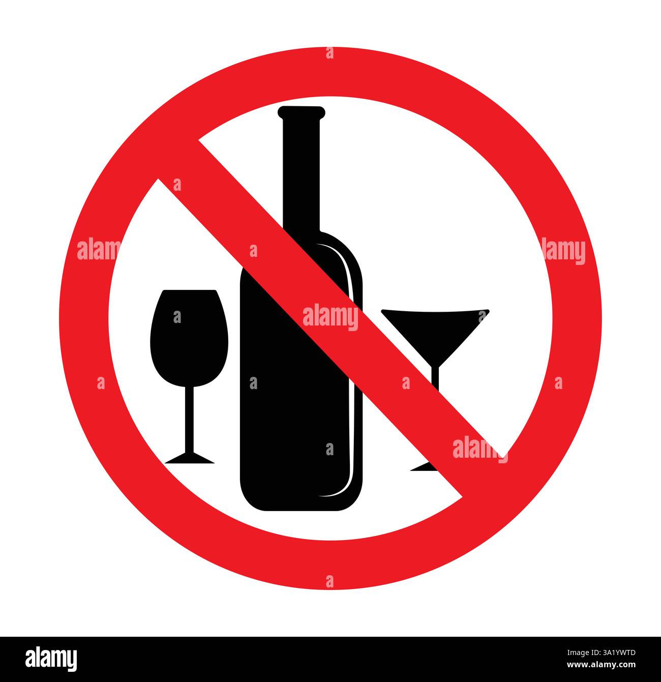 Clipart d'icône d'affichage de boissons alcoolisées. Pas d'autocollant d'avertissement d'alcool dans le panneau stop rouge avec pictogramme de liqueur, bière, vin et champagne interdit Illustration de Vecteur