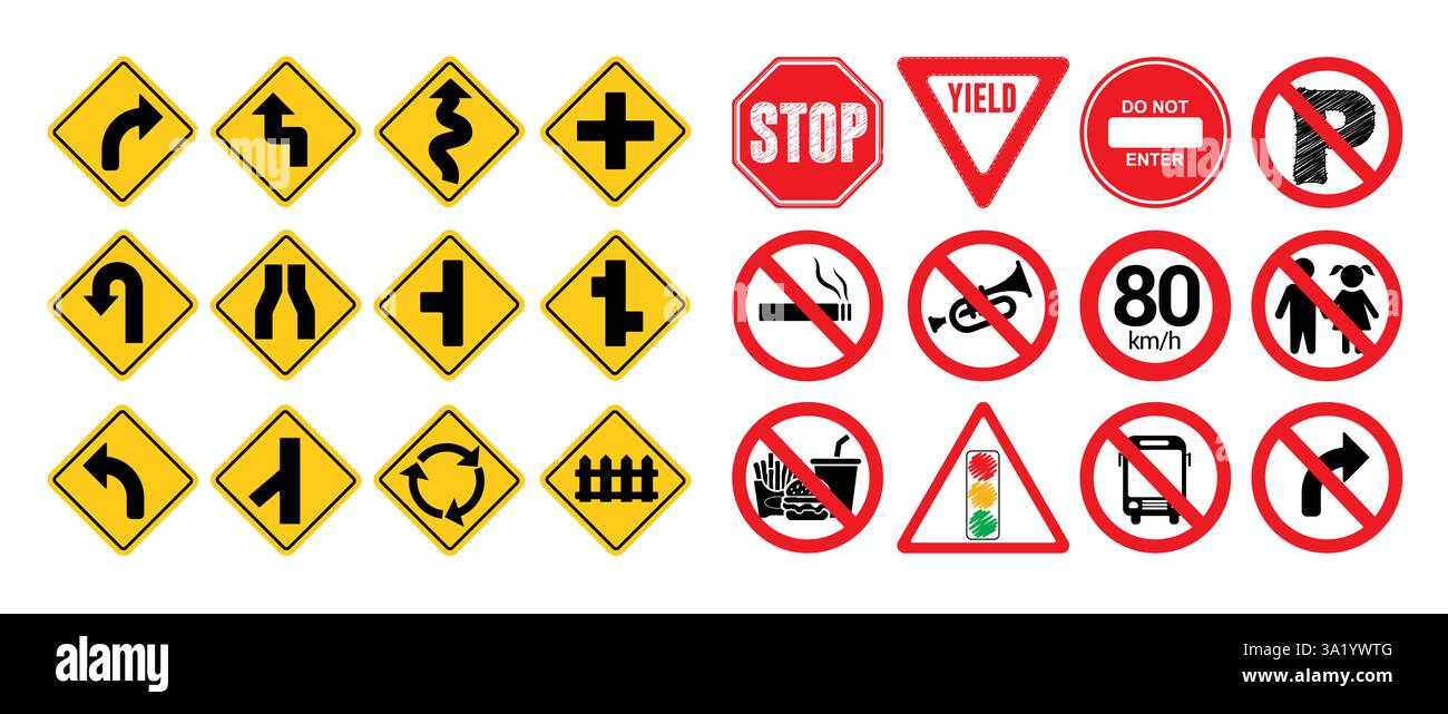 Ensemble de cliparts d'icônes de signalisation routière. Clip art de panneau de sécurité de la circulation routière comme pas de stationnement, pas d'entrée, pas de klaxon, attention et collection de panneaux de danger Illustration de Vecteur