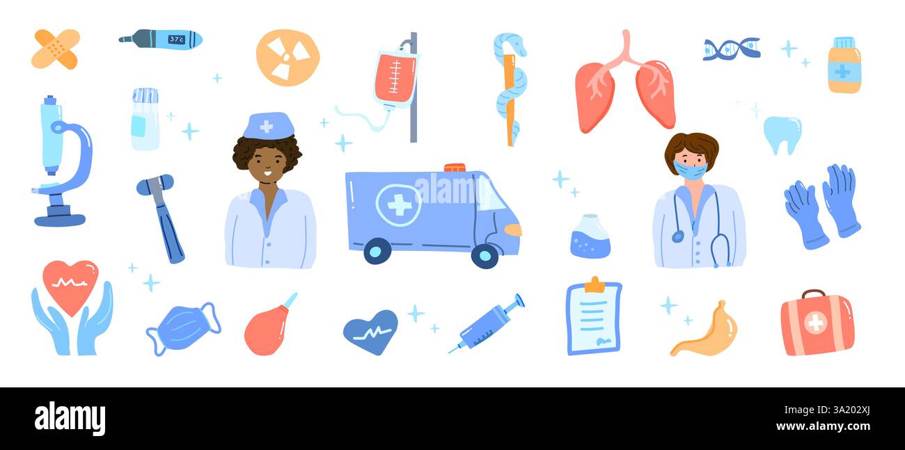 Trousse de premiers soins et icônes médicales saines, ensemble d'autocollants. Médecin et pépinière, éléments d'équipement de doodle et organes internes. Pour la conception de l'éducation. Illustration de Vecteur