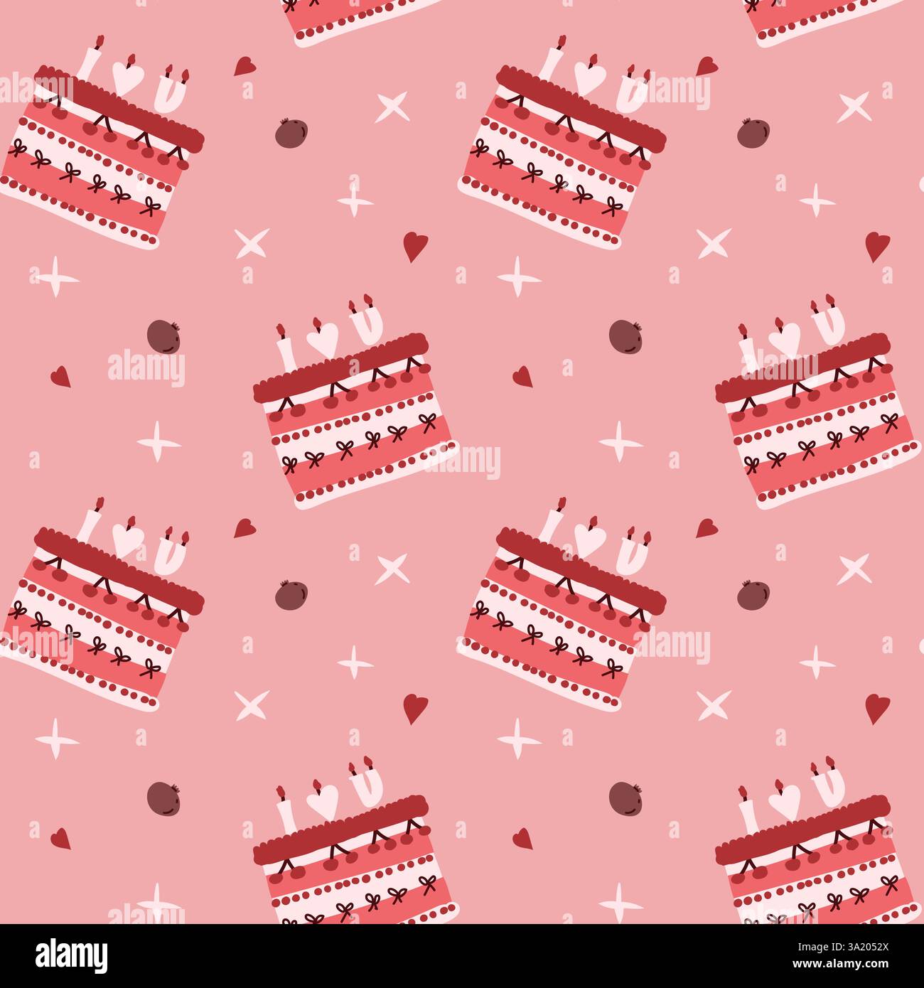 Modèle sans couture avec des gâteaux d'anniversaire décorés sur fond rose. Illustration de Vecteur