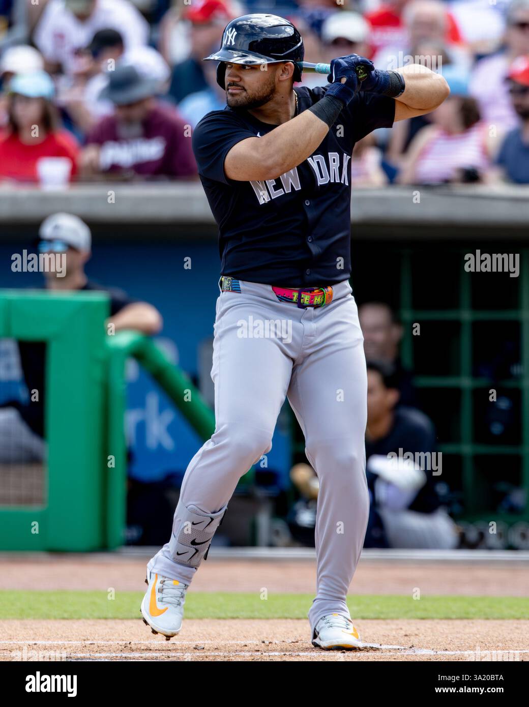 Clearwater, États-Unis. 04 mars 2025. Le batteur Jasson Dominguez des Yankees de New York pour un match de baseball contre les Phillies de Philadelphie, mardi 4 mars 2025, à Clearwater, en Floride. (Image de Sport/Alyssa Howell) photo via crédit : Newscom/Alamy Live News Banque D'Images