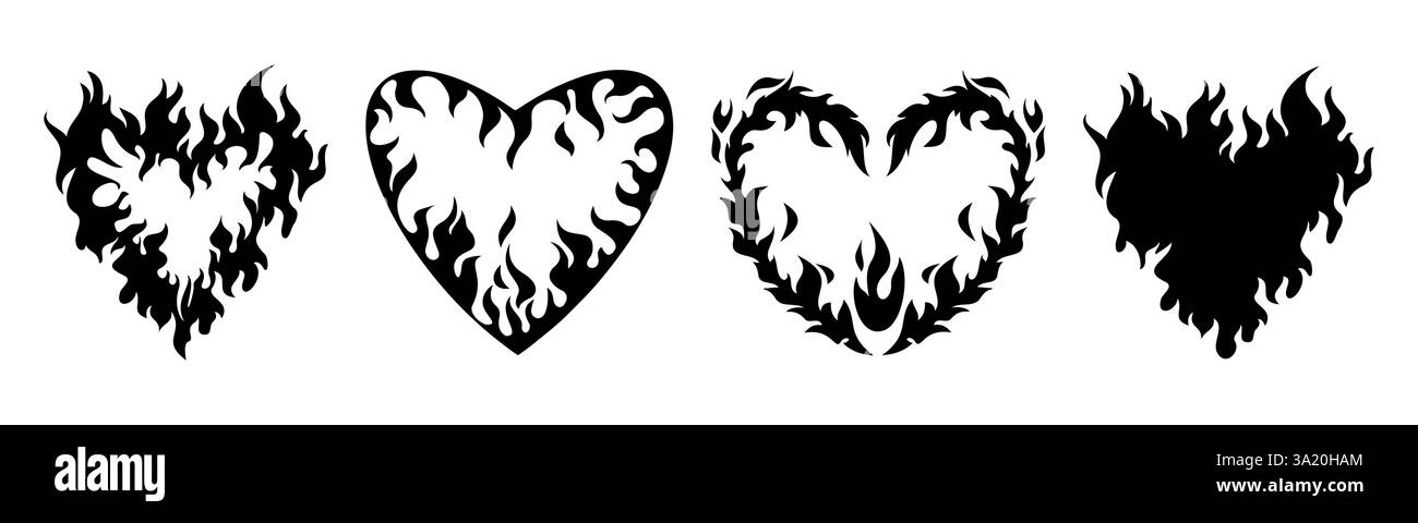 Silhouettes de coeur de flamme - symboles d'amour brûlants, formes romantiques passionnées remplies de motifs de feu. Signes d'affection flamboyants, diverses textures flamboyantes à l'intérieur d'éléments de conception de tatouage amoureux. Illustration de Vecteur