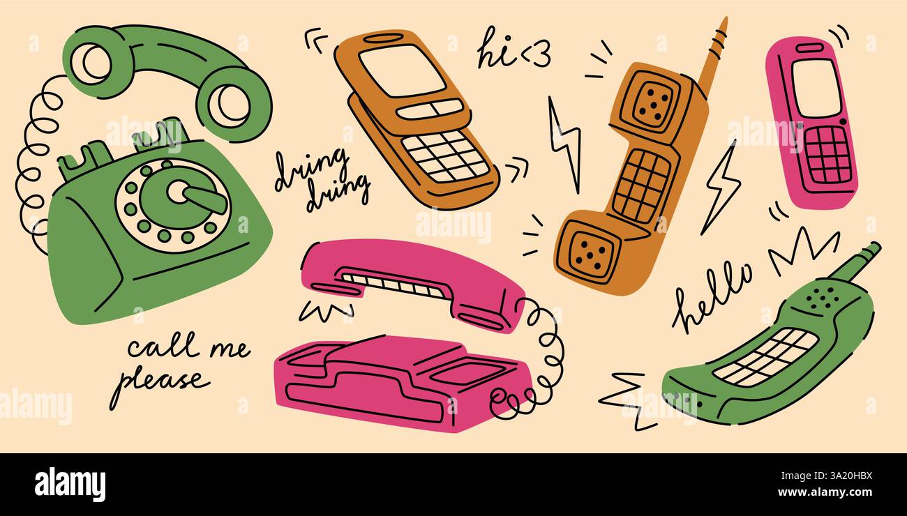 Illustration de téléphone de dessin animé vintage - téléphone à cadran rotatif rétro, mobile à clapet dessiné à la main, combiné à bouton poussoir à l'ancienne. Esquisse originale et funky d'appareils de technologie de communication obsolètes. Illustration de Vecteur