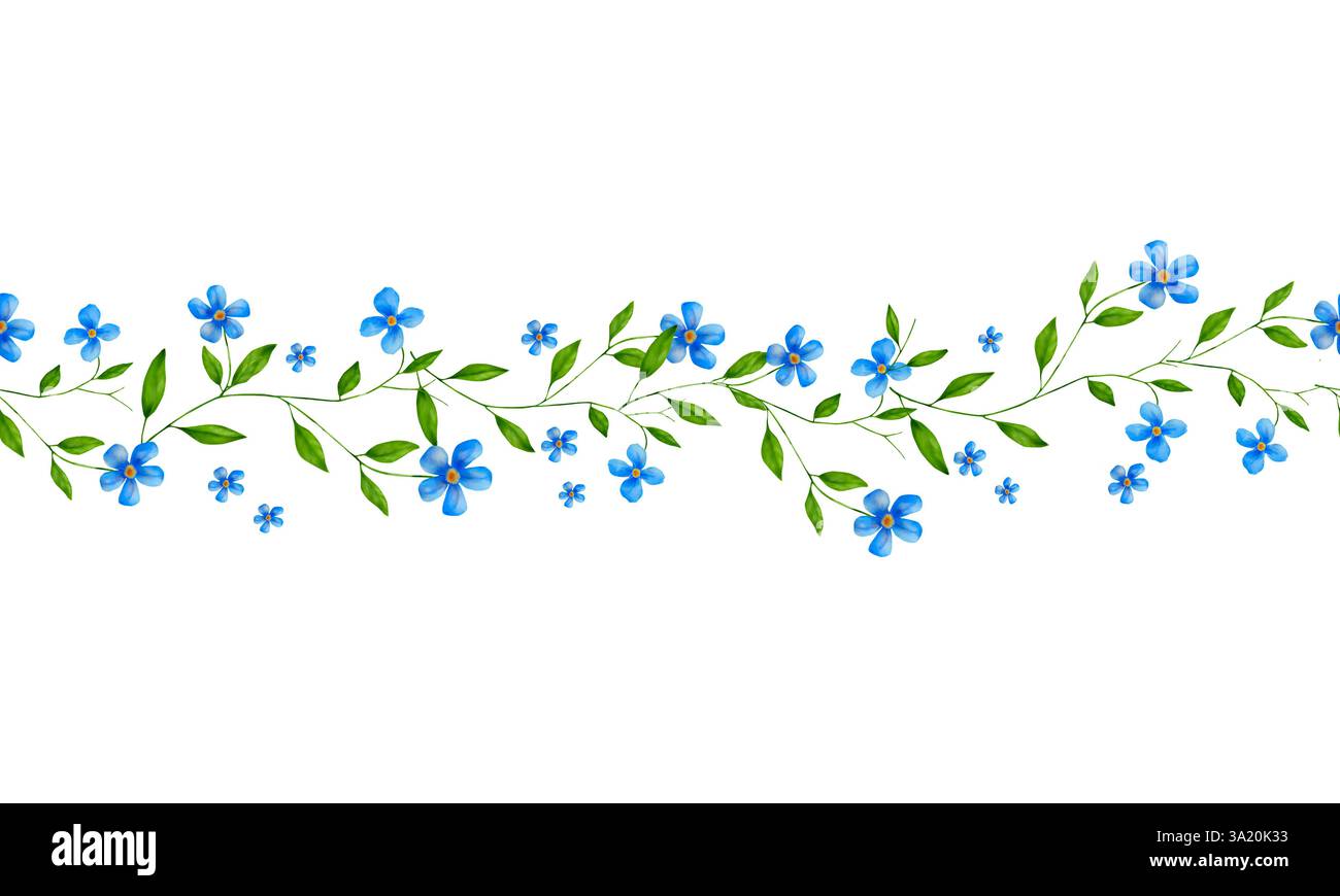 Motif floral sans couture. Illustration aquarelle. Illustration botanique. Jolies fleurs bleues et brindilles vertes et feuilles. Oublie-moi-nots bleus. Le flowe Banque D'Images