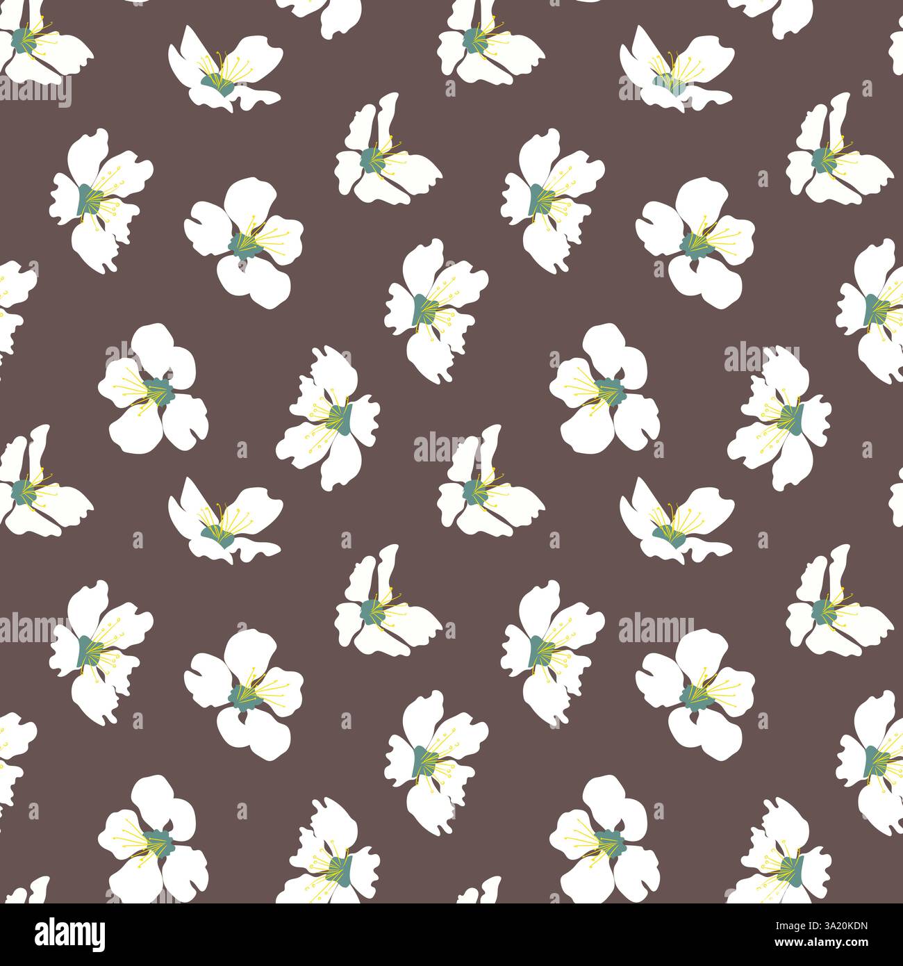 Fleurs d'amande vecteur sans couture dessiné à la main, motif botanique, fleurs stylisées sur fond brun. Illustration vectorielle d'amande dessinée à la main. Papier peint, Illustration de Vecteur