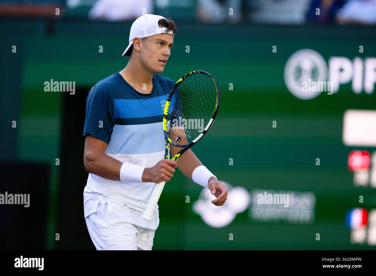 INDIAN WELLS, CALIFORNIE - 09 MARS : Holger Rune du Danemark réagit contre le Français Ugo Humbert dans son match de troisième tour lors de l'Open BNP Paribas au Indian Wells Tennis Garden le 9 mars 2025 à Indian Wells, Californie. (Photo de Mauricio Paiz) Banque D'Images INDIAN WELLS, CALIFORNIE - 09 MARS : Holger Rune du Danemark réagit contre le Français Ugo Humbert dans son match de troisième tour lors de l'Open BNP Paribas au Indian Wells Tennis Garden le 9 mars 2025 à Indian Wells, Californie. (Photo de Mauricio Paiz) Banque D'Images