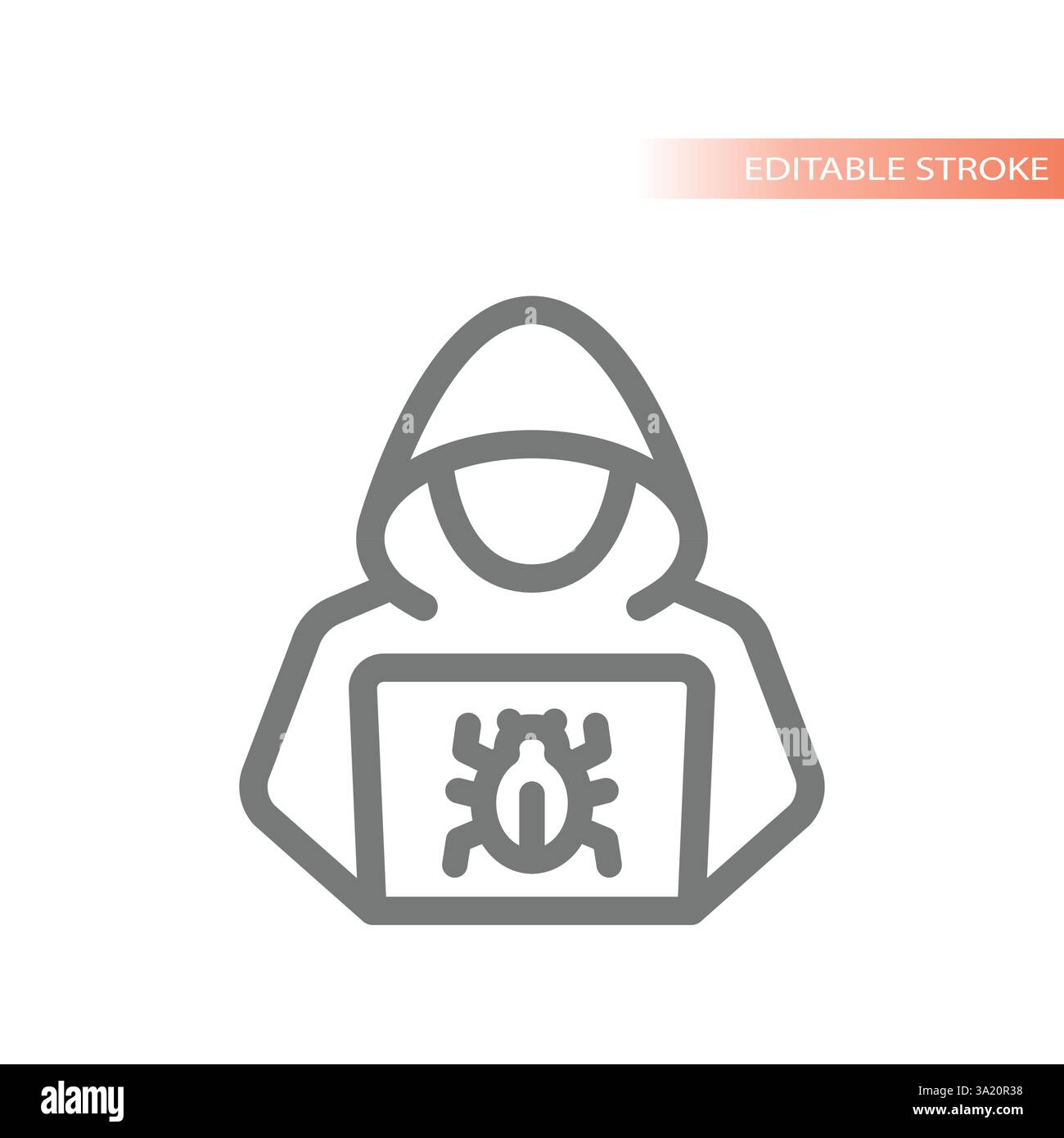 Pirate informatique avec sweat à capuche et ordinateur portable. Virus, spyware ou malware joint, icône de ligne de vecteur de cybercrime. Illustration de Vecteur