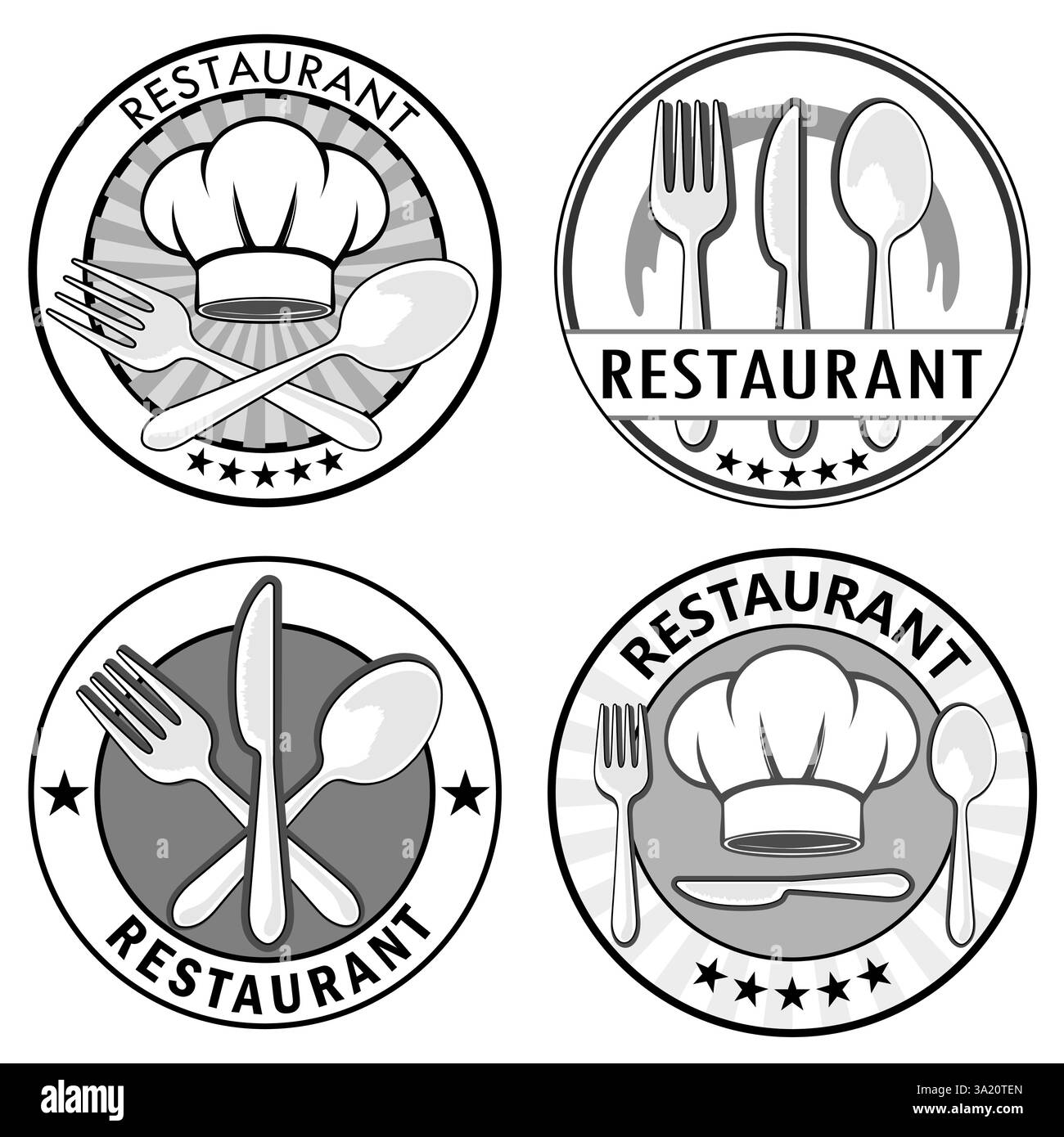 ensemble de logo restuarant wtih cuillère, fourchette, plat, chapeau de chef. Illustration de Vecteur