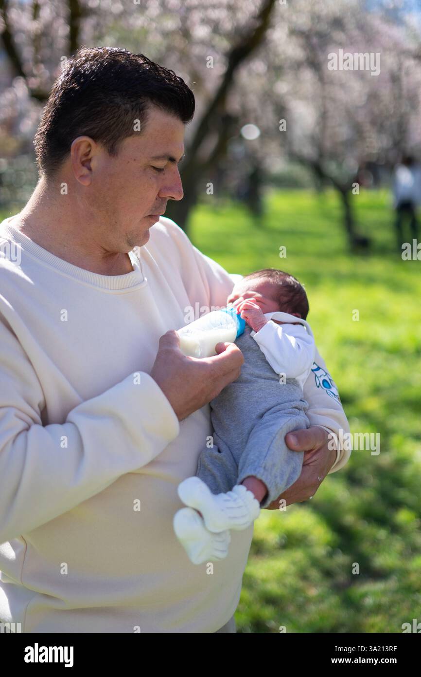 Père nourrissant tendrement son nouveau-né avec du lait d'une bouteille, entouré d'amandiers en fleurs dans un parc Banque D'Images