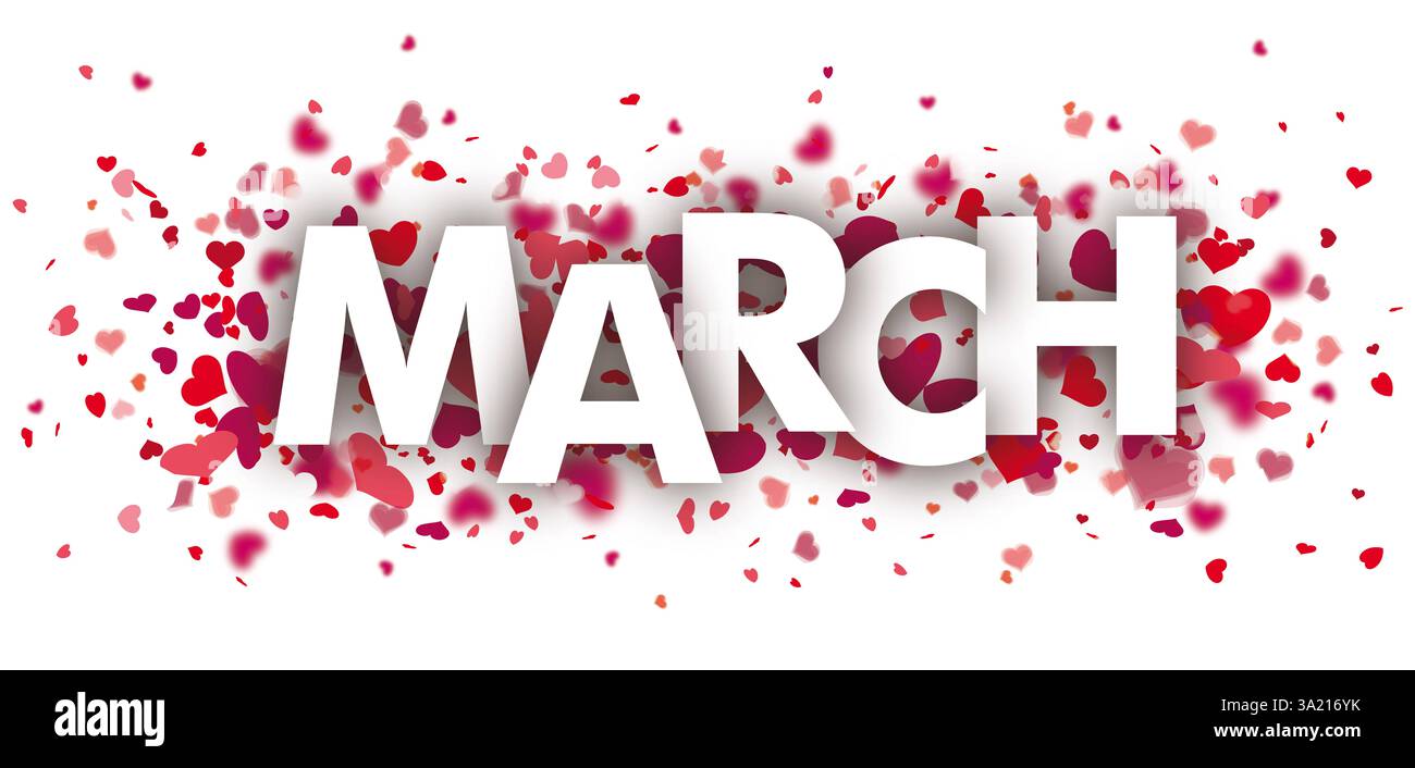 Flying Hearts Header March texte Marche avec des cœurs volants. Banque D'Images