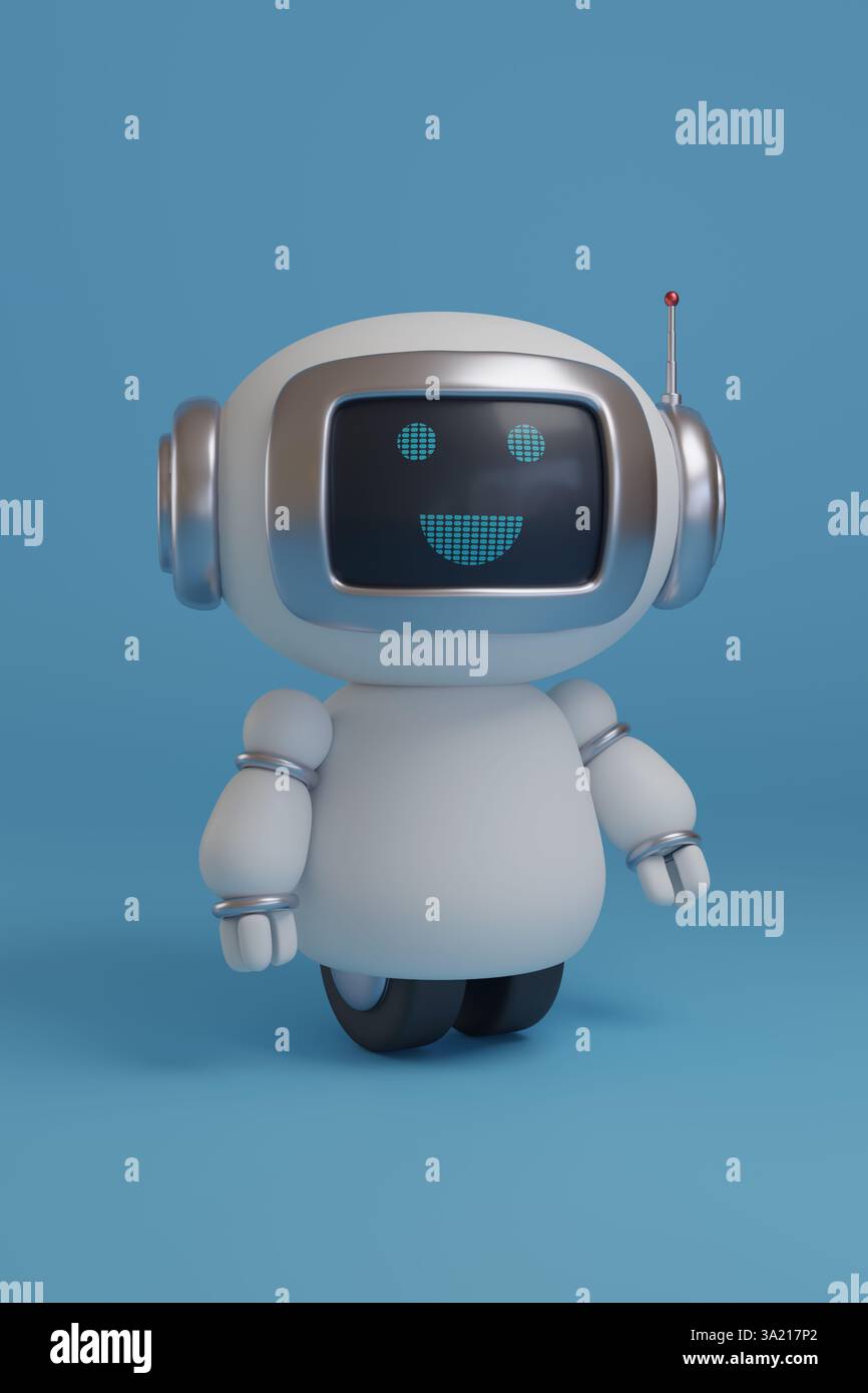 Robot joyeux mignon sur fond bleu. illustration 3d. Banque D'Images Robot joyeux mignon sur fond bleu. illustration 3d. Banque D'Images