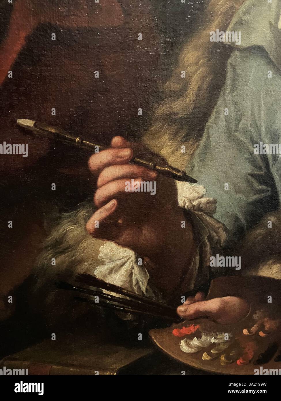 Détails de la peinture Détails de la toile 'Autoportrait avec deux étudiants' par Francesco Fedeli, 1792. Venise, Italie, Gallerie dell'Accademia Banque D'Images