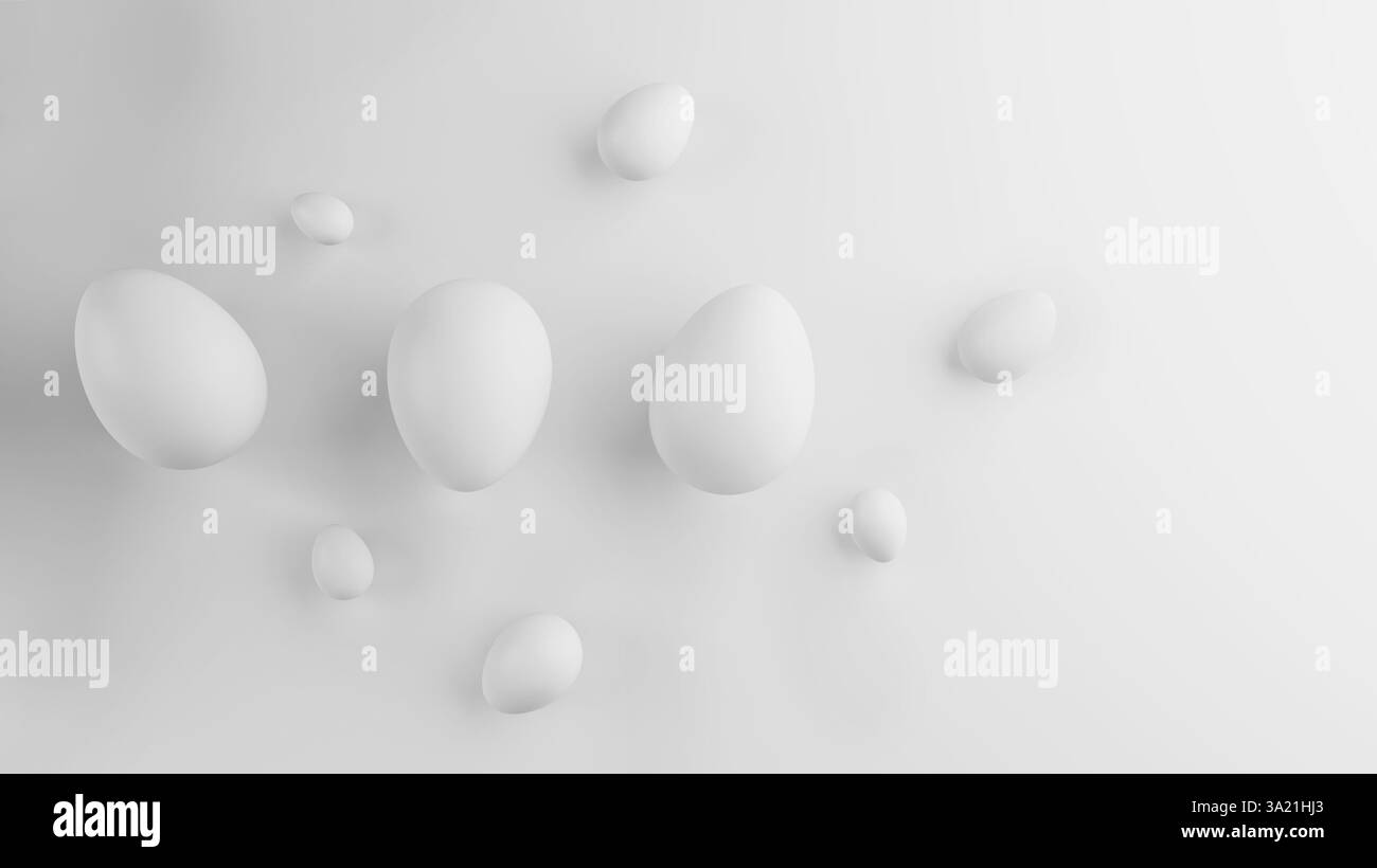 Concept de design minimaliste pour Happy Pâques avec des œufs blancs sur un fond gris clair. Banque D'Images