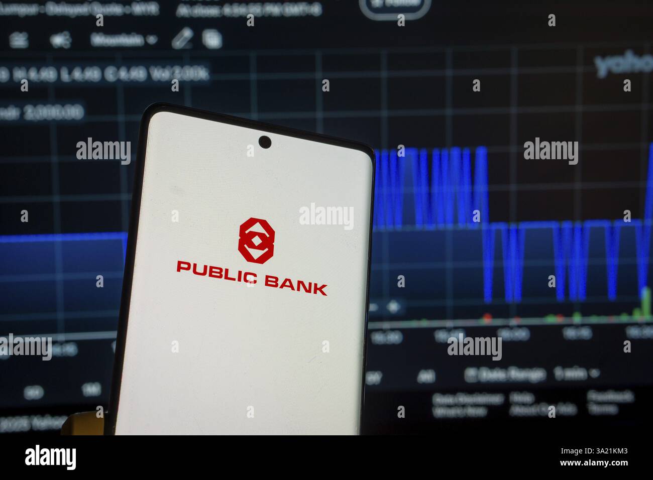 Dhaka, Bangladesh 08 mars 2025:écran du logo public Bank sur un smartphone et le graphique du marché financier en arrière-plan Banque D'Images