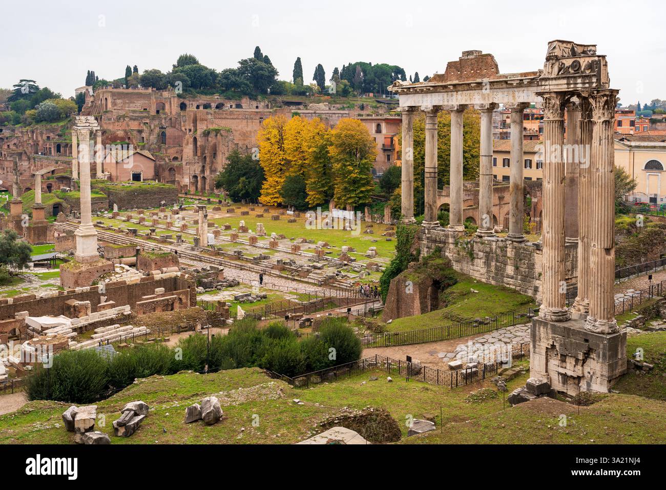 Ruines de l'ancien forum romain vu dans le centre historique de Rome Banque D'Images