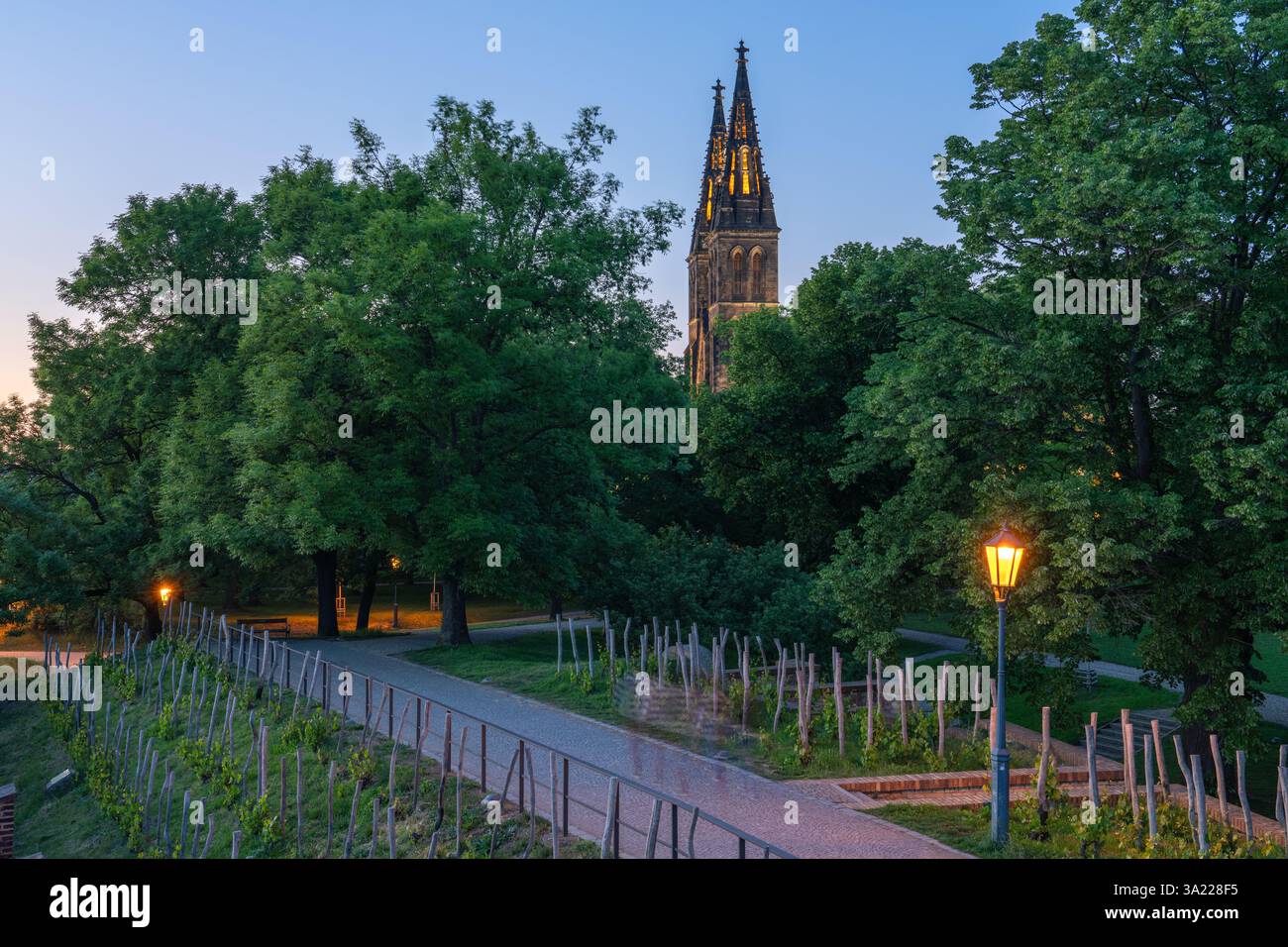 Vue en soirée sur le château et les vignobles de Vysehrad, une destination de voyage célèbre et un site historique le 12 mai 2024 à Prague, République tchèque Banque D'Images