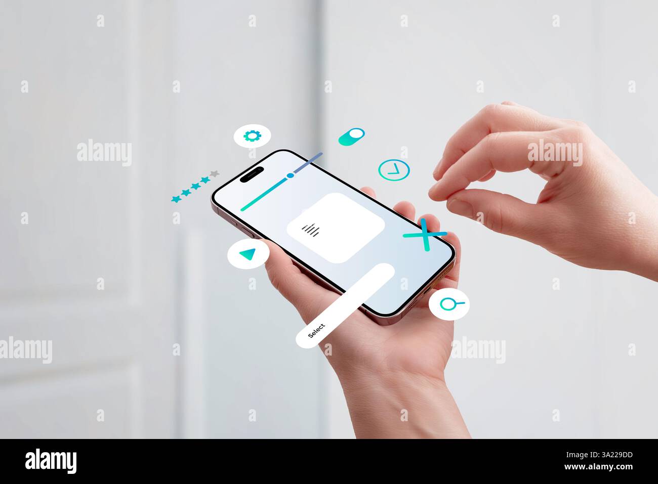 Main tenant smartphone, assemblage des éléments d'interface utilisateur sur l'écran, concept de conception d'interface d'application mobile et expérience utilisateur Banque D'Images