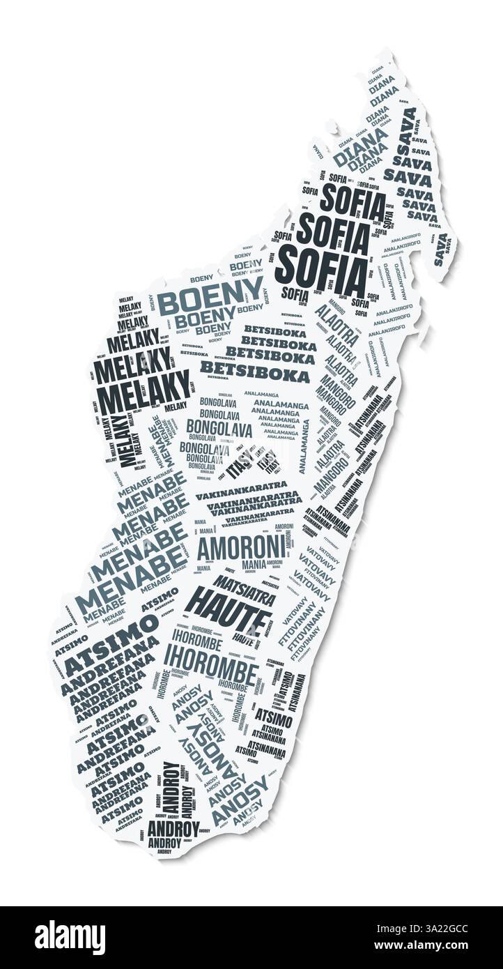 Nuage de texte de forme Madagascar. Frontière de pays avec ombre sur fond blanc. Madagascar avec division des régions dans le style vintage gazette. Illustration de Vecteur