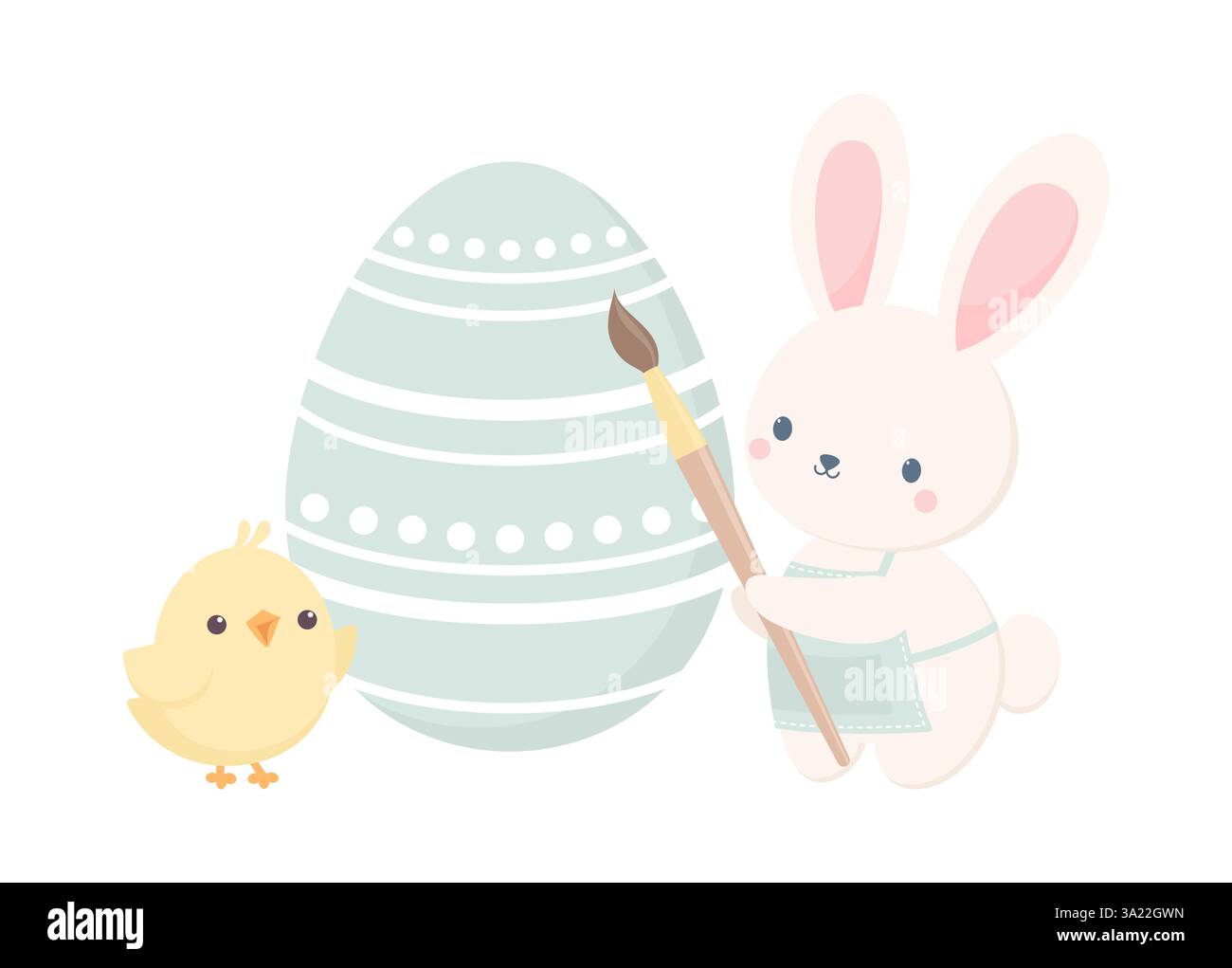 Joli lapin de Pâques dans un tablier avec un pinceau et le poussin debout à côté de l'oeuf de Pâques, isolé sur un fond blanc. Мector illustration Illustration de Vecteur