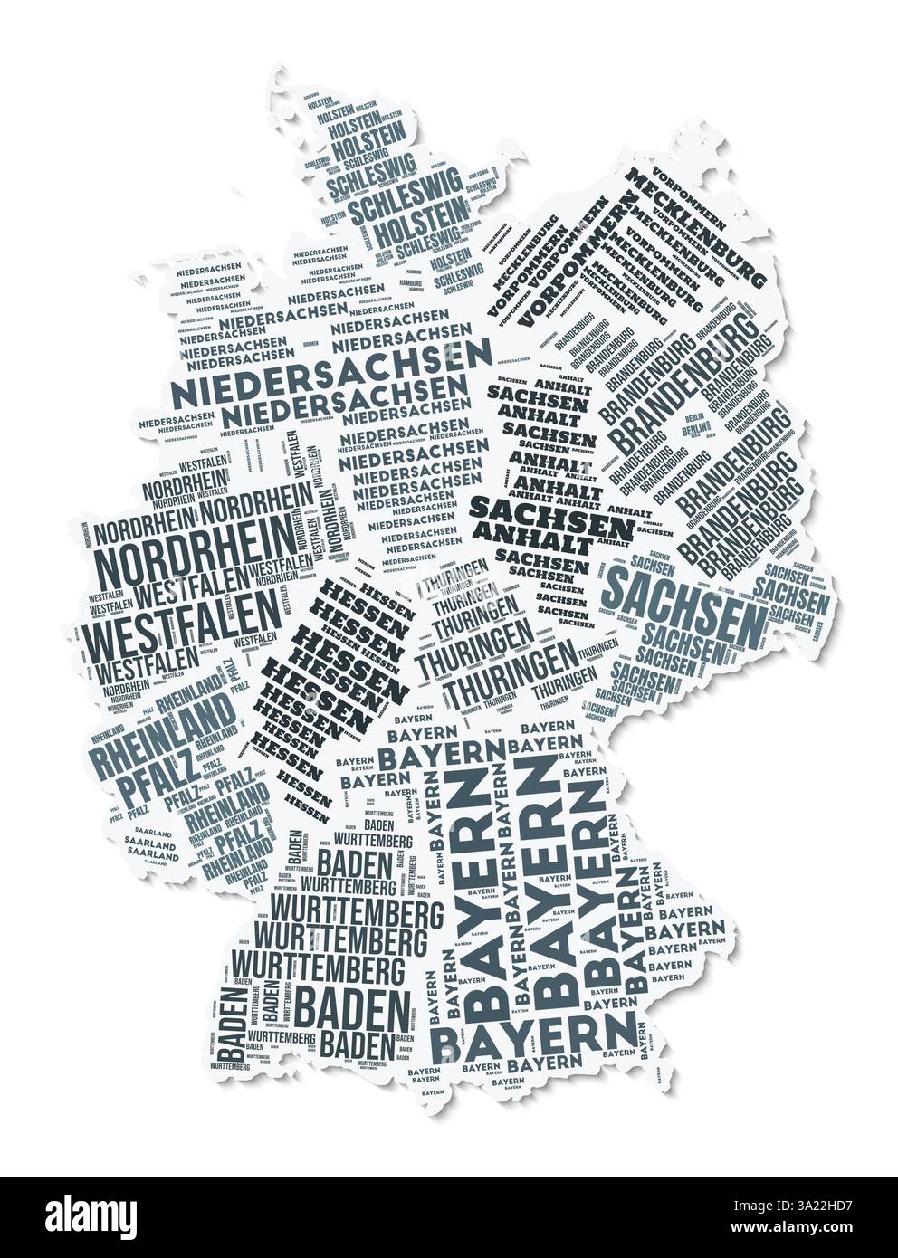 Nuage de texte de forme Allemagne. Frontière de pays avec ombre sur fond blanc. Allemagne avec division des régions dans le style vintage gazette. Illustration de Vecteur