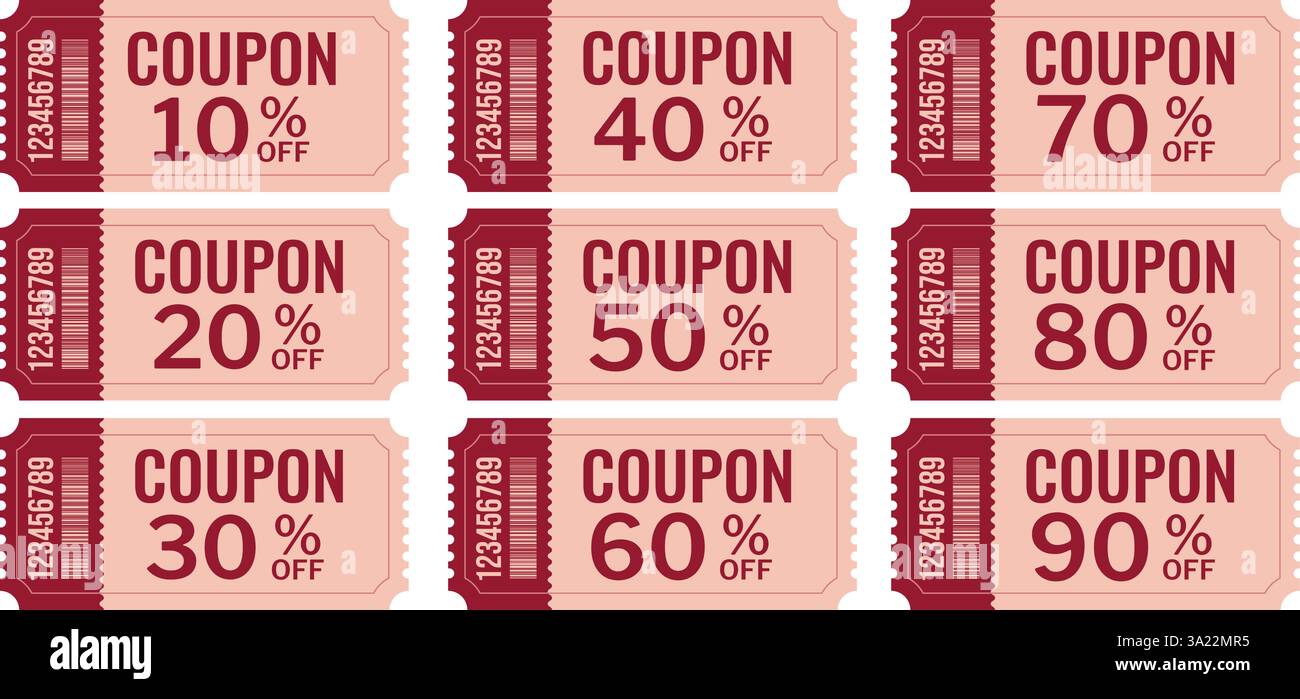 Ensemble de coupons de réduction avec différents montants de réduction. Illustration de Vecteur