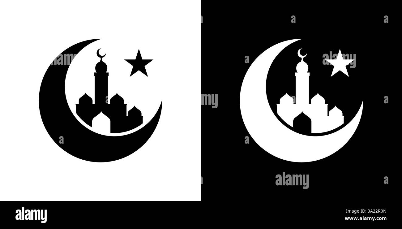 Croissants islamiques de lune contrastés et conception d'icône de mosquée en silhouette Illustration de Vecteur