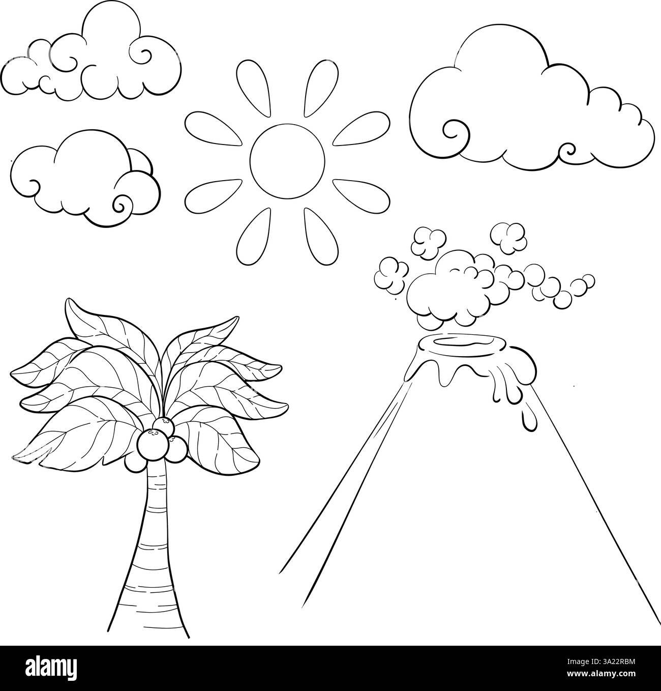 Éléments vectoriels de la période jurassique, nature, volcan noir, palmier dans le style de bande dessinée Illustration de Vecteur