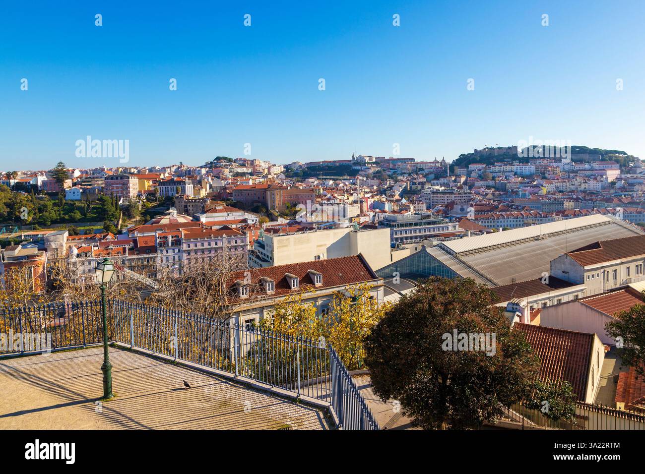 Horizon de Lisbonne vu depuis le point de vue de la terrasse populaire de Miradouro de São Pedro de Alcântara, avec vue sur Baixa, Mouraria et Saint Georges cas Banque D'Images