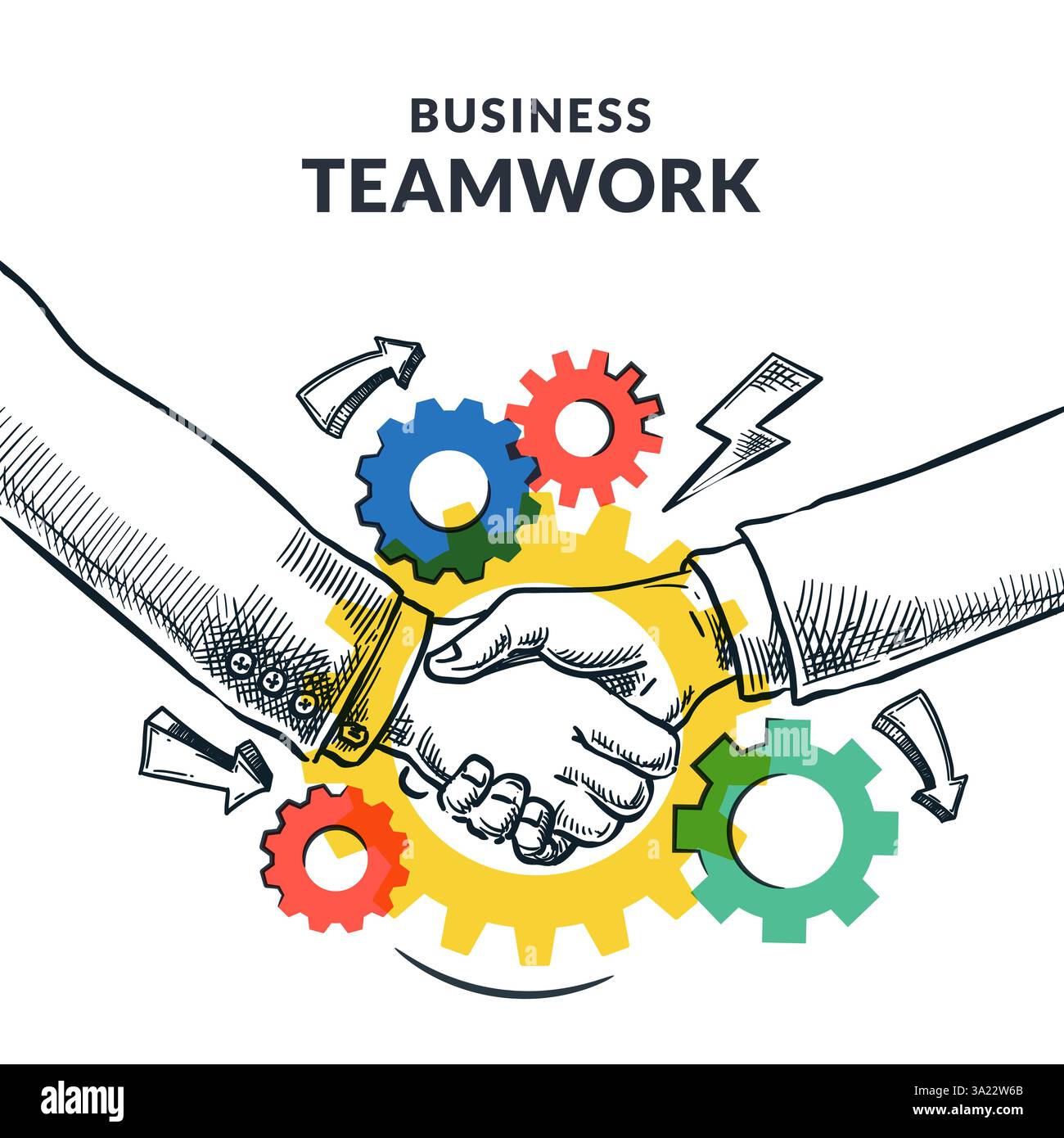 Poignée de main sur fond de roues dentées de mécanisme multicolore. Illustration commerciale d'esquisse dessinée à la main par vecteur. Travail d'équipe et coopération pour la réalisation des objectifs Illustration de Vecteur