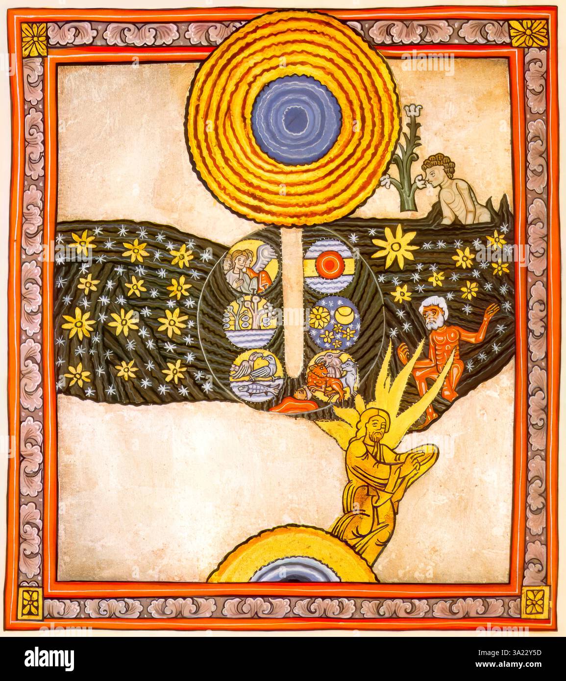Six jours de création, miniature de Liber Scivias par Hildegard de Bingen, Sibyl du Rhin, 1098 – 1179, abbesse bénédictine allemande et polymath, c.1175, édité numériquement Banque D'Images