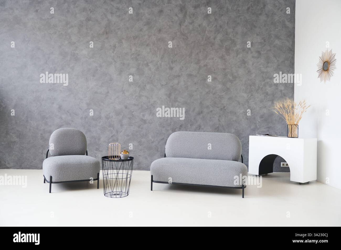 Un salon avec des murs gris et un mobilier gris doux. Espace libre pour votre conception. Photo de haute qualité Banque D'Images