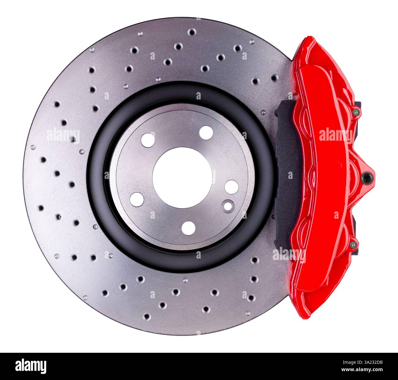 système de frein à disque haute performance pour voiture, doté d'un disque ventilé et d'un étrier rouge vif, conçu pour une puissance de freinage accrue, isolé blanc bac Banque D'Images