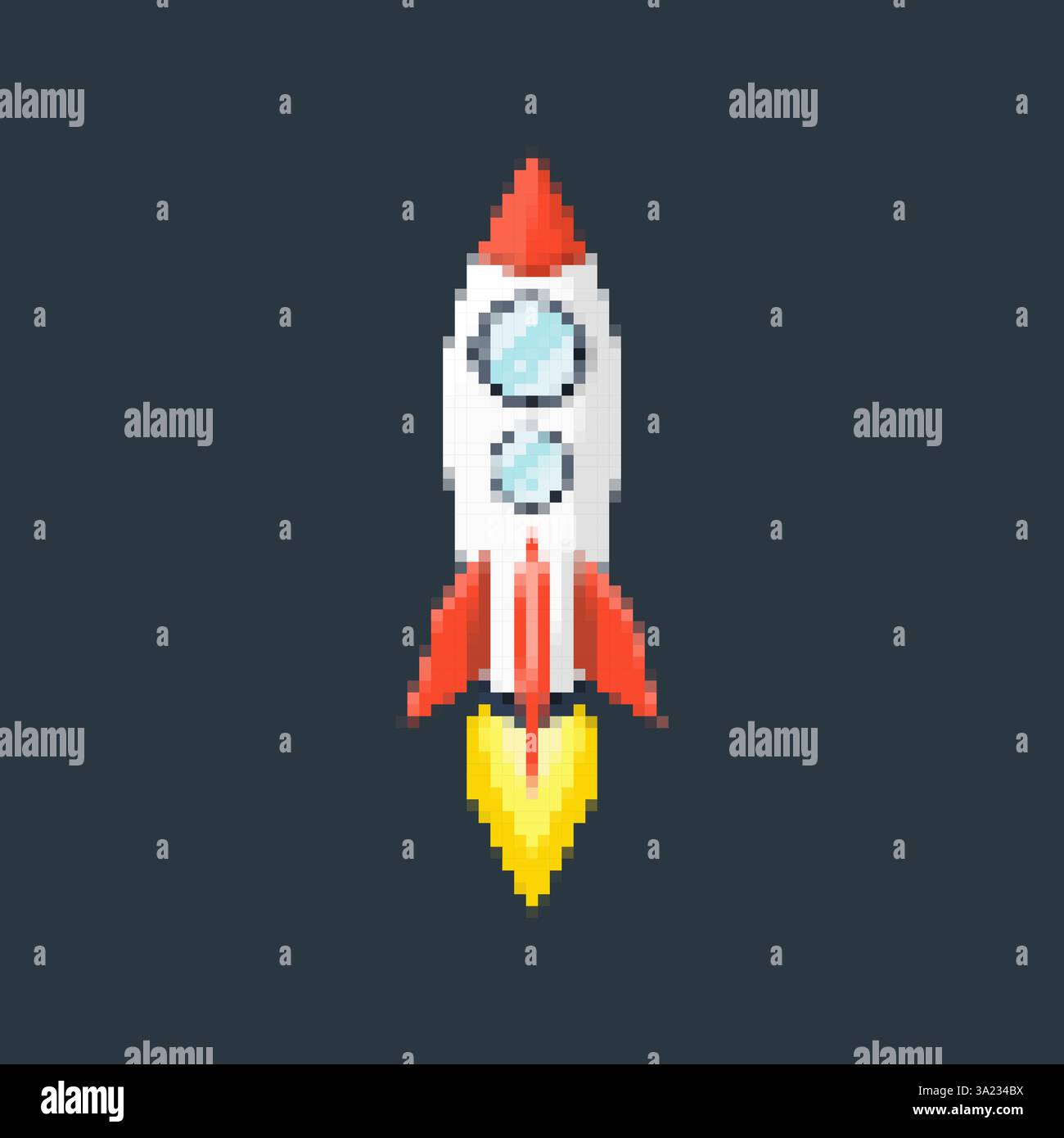 Pixel art fusée avec des pistes enflammées, des jeux rétro, des designs sur le thème de l'espace, des applications ou des animations. style 8 bits pour la technologie, la science-fiction et le futurisme Illustration de Vecteur