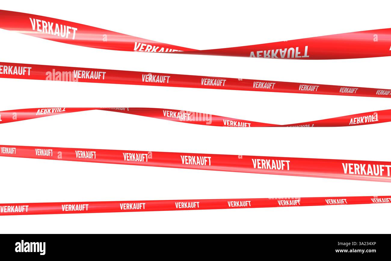 Rubans rouges avec texte verkauft sur fond transparent 3D. Banque D'Images