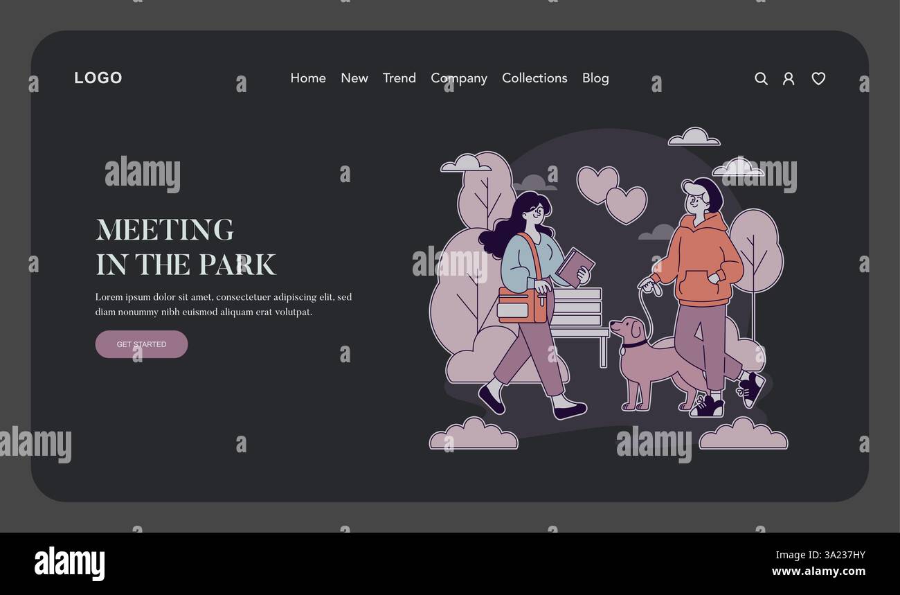 Premier concept d'amour. Jeune couple se rencontre dans un parc, reflétant un moment de connexion et de romance naissante. La scène comprend un chien amical, évoquant chaleur et joie dans un cadre naturel. Illustration vectorielle. Illustration de Vecteur
