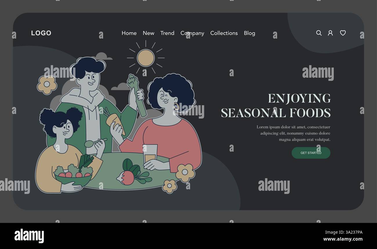 Illustration du début du printemps. Groupe de personnes partageant des aliments de saison dans un cadre dynamique. Ils apprécient les produits frais tout en embrassant l'esprit du printemps et de la vie saine. Illustration vectorielle. Illustration de Vecteur