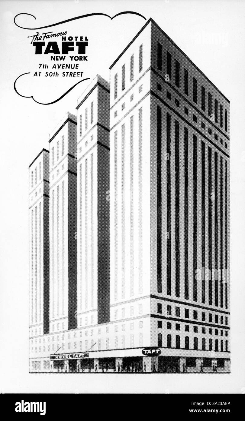 Une carte postale vintage de style art déco des années 1950 du célèbre hôtel Taft de 2000 chambres à Manhattan qui est maintenant une combinaison de condominiums résidentiels et de location et un hôtel haut de gamme appelé le Michelangelo Banque D'Images
