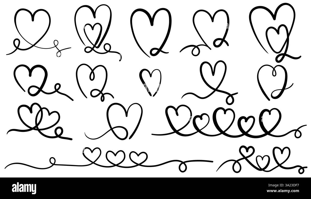 Ensemble d'art de ligne de coeur, symboles d'amour dessinés à la main, ensemble d'art clip vectoriel isolé. Illustration de Vecteur