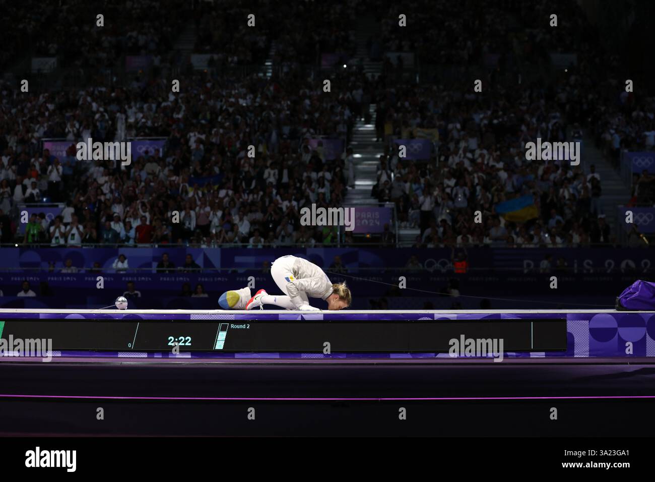 29 juillet 2024 - Paris, France : Olga Kharlan de l'Ukraine réagit à la victoire contre Choi se-bin de la Corée du Sud dans le Sabre individuel pour femmes d'escrime Banque D'Images